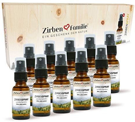 ZirbenFamilie® ZirbenSpray 10x20 ml • naturbelassenes Raumspray aus Zirbe • Raumerfrischer aus Ätherisches Öl • für einen einzigartigen Raumduf