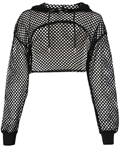 Women Sexy Sheer Mesh Fishnet Hollow Out Pullover Long Sleeve Hooded Sweatshirt Soft Net See Through Beach Crop Tops Club Goth Punk Rock Raver Blousers for Ladies Girls Black