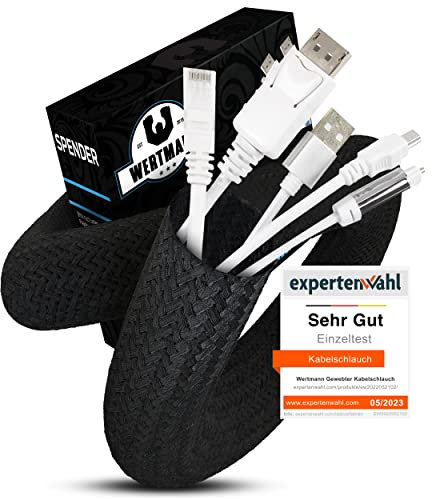 Wertmann gewebter Kabelschlauch schwarz [3m] als TV Kabelkanal schwarz und für den PC als Kabelkanal Schreibtisch - Durchmesser passt sich an [19-24mm] - Kabelmanagement Schreibtisch, Kabelschutz Hund