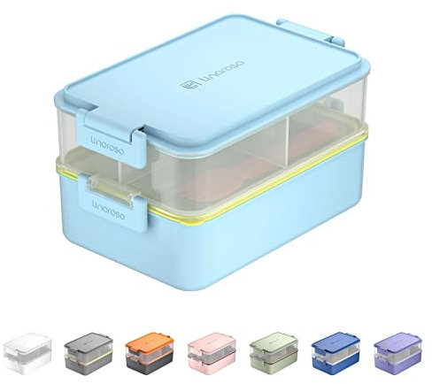 linoroso Bento Lunch Box Boite Repas pour Adulte avec 3 Compartiment Lunchbox avec Récipient à Sauce et Ustensiles Micro Ondable et Lave-vaisselle, Sans BPA Comme Boîte à Sandwich Salade - Bleu