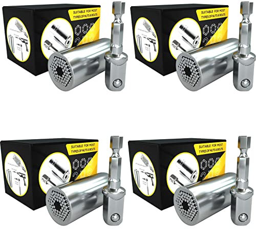 4x AX Universal Steckschlüssel Werkzeug (7mm - 19mm, 1/4- 3/4) - Geschenke für Heimwerker, Multitool mini Handwerkerwerkzeug mit Adapter für Nuss-, Hand- & Akkuschrauber, Ideal für Männer…