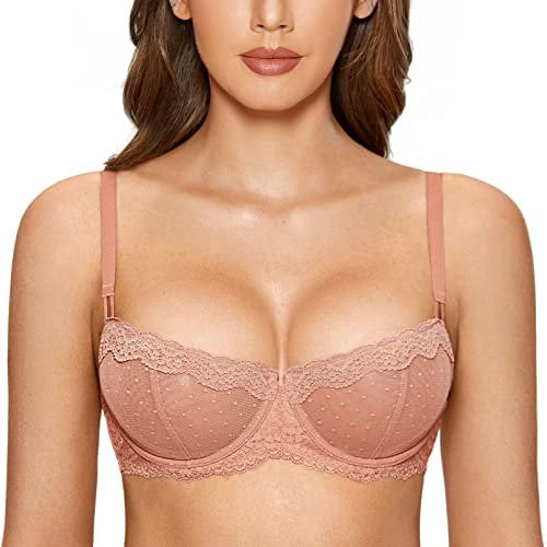 DOBREVA Women's Sexy Lace Balconette Bra Unlined Underwire Open Half Cup Bra See Through Sheer Balcony Bra Cream Coffee 36DD