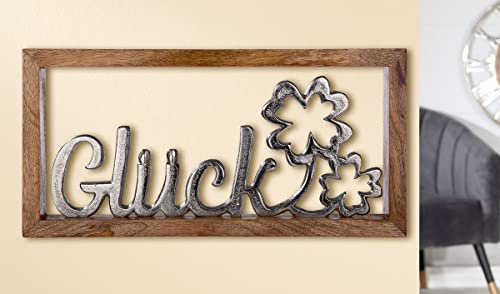 GILDE Rahmen Glück aus Mangoholz, mit Schriftzug aus Aluminium H: 20 cm B: 40 cm T: 3cm 42930