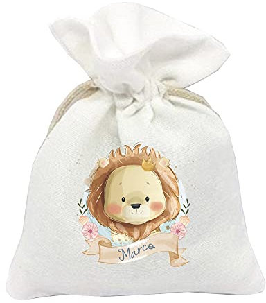 DIMAV 30 Sacchetti Portaconfetti Personalizzabili con Stampa Decorativa a Scelta Vari Eventi Battesimo Nascita (Battesimo leoncino)