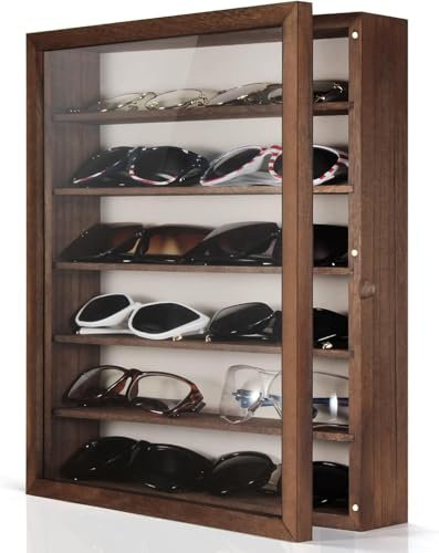 TJ.MOREE Sonnenbrillen Organizer zur Wandmontage: 33 x 40 cm, Brillenvitrine, Rustikaler Brillenhalter aus Holz, große Brillen Aufbewahrungsbox