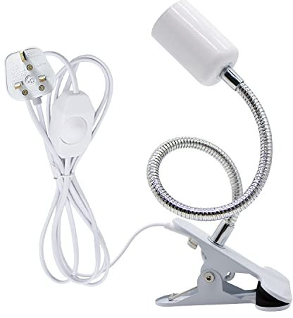 LAKONEI Clip on Bulb Holder Metal Clip on Light Clamp Lamp for Reading 220CM Bedside Light Flexible Stand Clamp Light with Switch and 3 Pin UK Plug White, Dimmable (No Bulb)