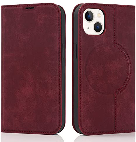 QLTYPRI Wallet Case for iPhone 13 (6.1 inch) Compatible with Magsafe Charger, Magnetic Flip Folio PU Leather Phone Case with RFID Blocking Card Holder Slots Kickstand Shockproof Cover - Wine Red
