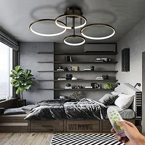 WERSVG Dimmbare Schwarz 4-Lampe Deckenlampe LED Deckenleuchte Modern Wohnzimmerlampe Deckenleuchte 85W 6800LM Flurlampe Decke für Wohnzimmer Schlafzimmer Arbeitszimmer Esszimmer 4-Ring