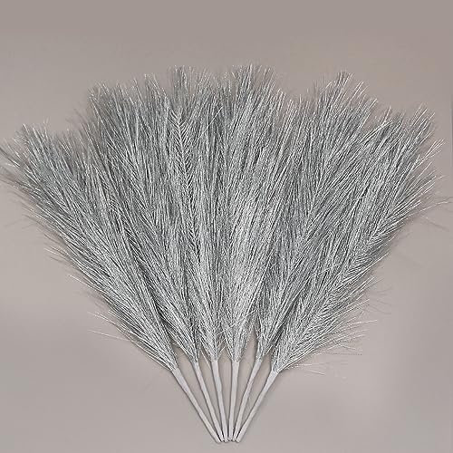 ZIFTY Decoración plateada de hierba de las pampas, 6 piezas de 17 pulgadas, pompas artificiales esponjosas, flores falsas, hierba de junco para relleno de jarrón, estilo moderno, decoración del hogar,