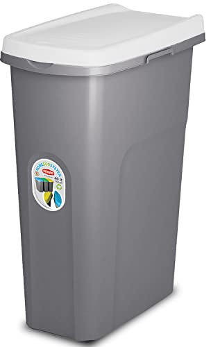 Home Centre Plastic Lift Top Lid Waste Bin Kitchen School 40 Litre White-Grey Slim Recycling General Trash & Storage Recycled Rubbish Organiser Container Dustbin Sturdy Quality Made in Italy