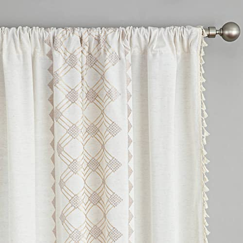 VOGOL Faux Line Boho bestickte Vorhänge, 132 x 213 cm, kariertes Muster, Vorhänge für Schlafzimmer, 2 Stück, lichtreduzierend, solide Fensterbehandlung für Bauernhaus, Stangentasche