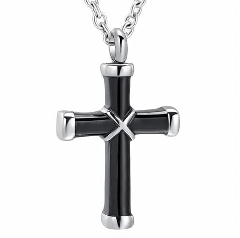 GAUEIOUR Urn Stainless Steel Cross Necklace,Memorial Pet Bone and Hair Necklace,Openable Electric Black Necklace Souvenir,European and American Fashion Perfume Bottle Necklace