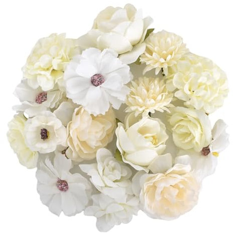 Mini Künstliche Blumen, 20 Stück Künstliche Blumenköpfe Klein Dekorative Kunstblumenköpfe zum Basteln, Rosen Gänseblümchen Pfingstrosen Blumenköpfe für DIY Zuhause, Hochzeit, Party Dekoration (Weiß)