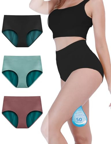 TIICHOO Perioden Unterwäsche Starke Blutung Extra Hohe Taille Periodenunterschwäsche Saugfähigkeit für Damen & Mädchen 3er Pack (M, Türkisblau/Schwarz/Braun)