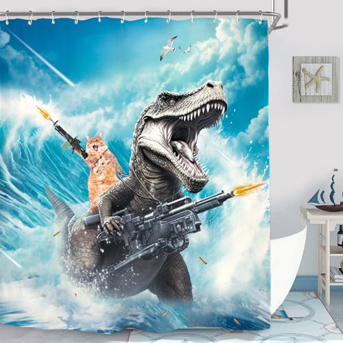 Miyotaa Rideau de douche imperméable avec 12 crochets - Motif chat dinosaure - 152,4 x 180,3 cm - Motif vagues de mer - Pour enfants et garçons