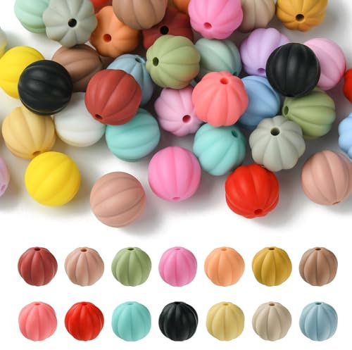 UR URLIFEHALL Lot de 42 perles rondes en silicone 21 couleurs en forme de citrouille de 14 mm pour loisirs créatifs, guirlande, porte-clés, cordon