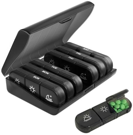 Oneyijun Tablettenbox 7 Tage Morgens Mittags Abends Medikamentenbox 3 Fächer Pillendose Tragbare Feuchtigkeitsbeständiger für Medikamente Vitamine Fischöl Nahrungsergänzungsmittel usw (Schwarz)