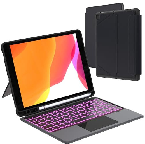 Coque clavier pour iPad 9e 2021/8e 2020/7ème 2019 Génération 10.2/iPad Air 3/iPad Pro 10.5: 7 Couleurs Rétro-éclairé Magnétique Étui Clavier Détachable avec Trackpad | Housse avec Pen Holder AZERTY