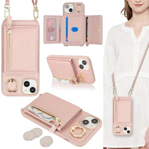 ELTEKER Handyhülle für iPhone 14 Hülle mit Band Kartenfach Ringhalterung Geldbörse,Leder Klapphülle Umhängetasche Handytasche für iPhone 14 - roségold
