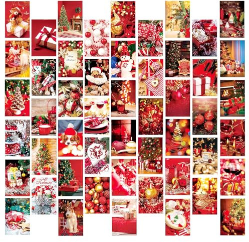 50 Rot Weihnachtskarten, Ästhetisches Postkarten mit festlichen Motiven (Baum, Schneemann, Hund, Wein, Kekse), Dankeskarten und Grüße für Ihre Liebsten