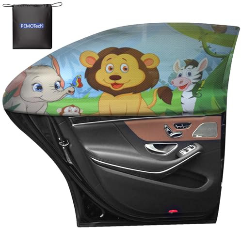 PEMOTech Sonnenschutz Auto Baby, 2 Pack UV-Schutz Sonnenschutz Auto Kinder Cartoon Animal Design, Universal dehnbar Sonnenschirme, Privatsphäre schützen für Kinder, Familie, Haustiere