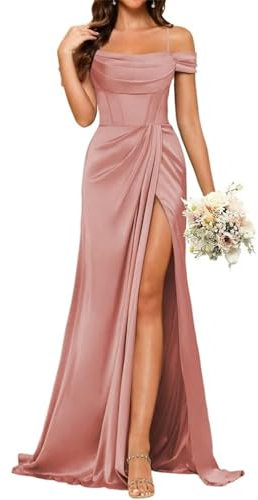 YIANN Robe de demoiselle d'honneur en satin avec fente et col bénitier et bretelles spaghetti pour femme, vieux rose, 44