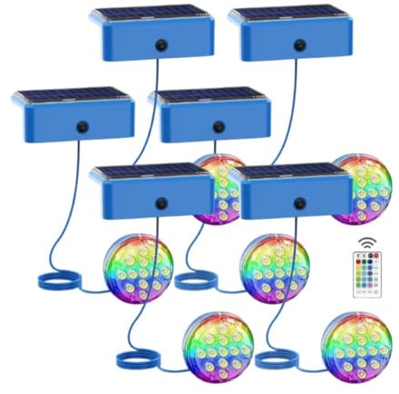 LED ATOMANT Pack 6x Luces solares para piscinas sin instalacion LED 2,6W RGB IP68, Cable 1m, Fijacion con adhesivo o tornillos, Luz solar piscina sumergible para decoracion, Iluminacion impermeable