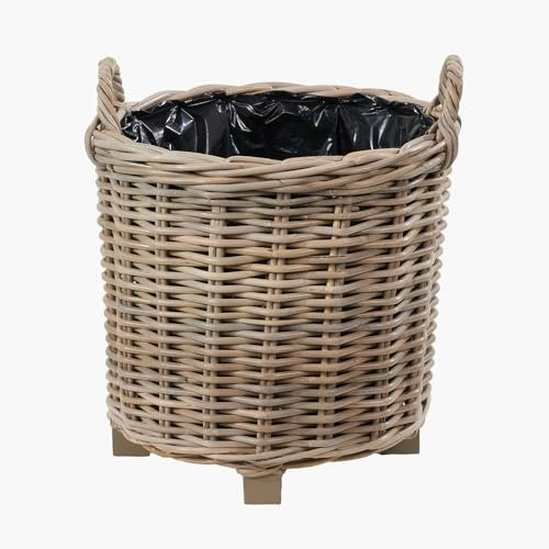 Bliss and Bloom Round Wicker Planter Lined Basket Grey & Buff Kubu Rattan Garden Flower Pot SMALL
