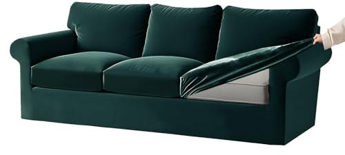 Ektorp Stretch-Samt-Bezug-Set mit separaten Sitz- und Rückenkissen, Gummiband, 7-teilig, für 1/2/3/4-Sitzer, Armeegrün, groß, 3-Sitzer