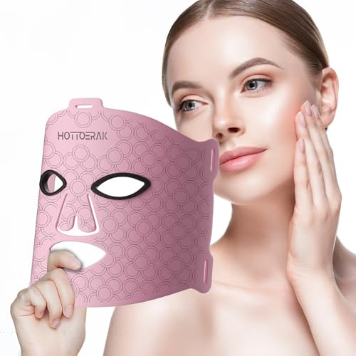 Hottoerak Rotlichtlampe Gesicht, 660nm&850nm Rotlichtlampe, 74LED Infrarotlampe mit Timer, Helligkeitsregelung Rotlicht Maske Gesicht für den Heimgebrauch, Reisen(Rosa)