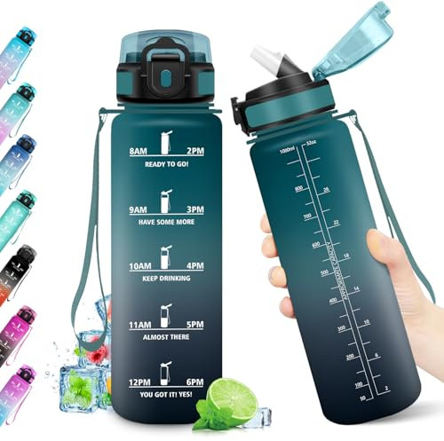 Botella 1L, Garrafa Agua sin BPA, Botella Agua con Pajita, Cantimplora Deportiva con Marca de Tiempo, Reutilizable, Cantimplora para Adulto, Oficina, Bicicleta, Yoga, Running, Gym, Escuela, Viaje