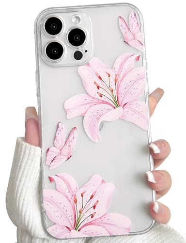NITITOP Compatible with iPhone 15 Pro Max Case Clear Cute Flower Floral Lily Butterfly Pattern for Women Girls Transparent Full Camera Lens Soft TPU Shockproof Protective Phone Cover - Pink