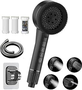Hard Water Filter Shower Head with 4 Modes, 15 Layers Filtration Water Saving High Pressure Shower Heads and 1.5m Hose, with Pause Switch, Suitable for Elderly Children and Pets Bathing,Black