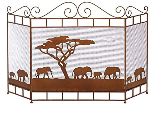 Light Brown 3-Panel Fireplace Screen Large Tree Rustic Wrought Iron Fire Gate Metal Mesh Safe Proof Fence