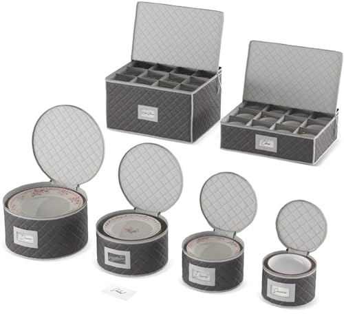 6Pcs Dinner Plate Storage Box, Quilted Dish Container Dinnerware Plate Organizer includes 48 Felt Protectors for Plates, Dinnerware Storage Container for Plates Cups Glassware Transport Moving, Grey