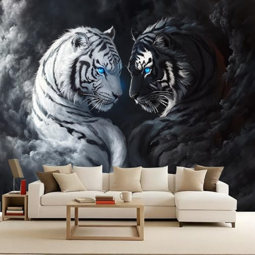 Vlies Fototapete 150x105 cm Gelb Tiger Wild Tier Gesicht 3D Effekt Mustertapete Matt Vliestapete Wasserdicht Wandtapete Tapete Geeignet für Schlafzimmer Kinderzimmer Wohnzimmer Wand Deko
