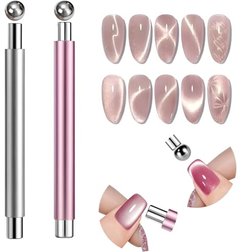 Cat Eye Magnet For Nails, 2-Piece Magnetic Nail Art Tool With Round Beads, Pink And Silver Double Headed Magnet Sticks For Cat Eye Gel Polish, DIY Nail Design