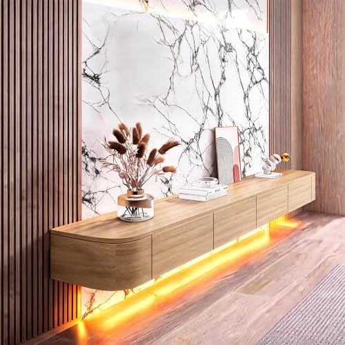 XDXINY Floating TV Stand Large Floating TV Shelves Wall Mounted Multi Storage Compartment TV Media Console Floating TV Cabinet Large Storage TV Bench Under TV (wood colour+LED, 200 * 20 * 24CM)