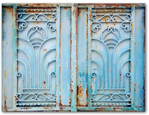 Glücksvilla - Ornamente 2 (Leinwand-Bild 2 cm, 200 x 150 cm) | div. Maße - aus DE - Deko Wandbild quer - Metall Tor Garten-Tor Verzierung Barock blau Frankreich Villa Eingang