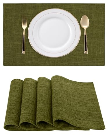 RoiYeel Tischsets Leinen 4er Set, Stoff Platzdeckchen Waschbar, Olivgrün | Tischuntersetzer, 30x46 cm, Rutschfest, Hitzebeständig, Abwaschbar, Leicht zu Reinigen, Tischdekoration für Esstisch, Küche
