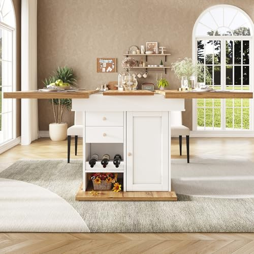 YEHTOKHOME Table à Manger Extensible 4-6 Personnes, Table de Cuisine Rectangulaire avec Rangement, Tiroir et 3 Cave à vin, Étagères Réglables, pour Petits Espaces, 110-140x80 cm (A-Blanc)