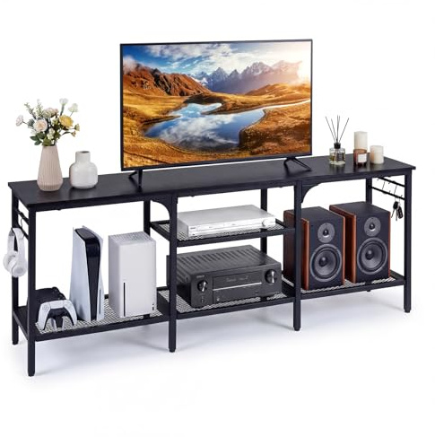 COSTWAY TV Unit for 65 Inch TVs, 140cm Industrial TV Stand Cabinet with Mesh Storage Shelves and 4 Hooks, Metal Frame Media Console Table Entertainment Center for Living Room Bedroom (Black)