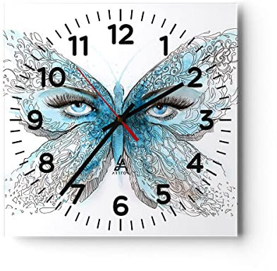 Modern Wanduhr Illustration Gesicht Schmetterling Wimper 40x40cm Quadrat Groß Wand Uhr Glas Analog Zimmeruhren Küche Büro Wohnzimmer Glasuhr Wall Clock Dekoration Design Küchenuhr C4AC40x40-3026