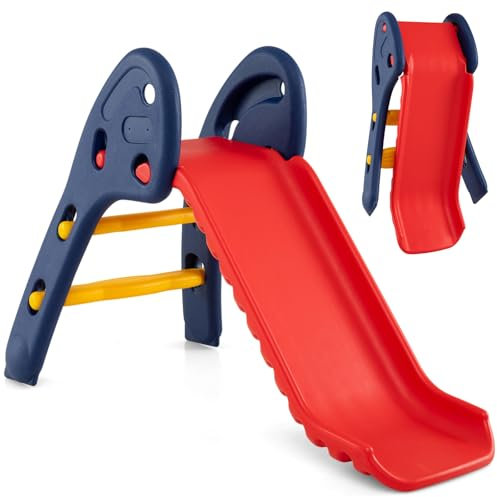 GYMAX Kids Folding Slide, Freestanding Plastic Toy with Climb Steps, Toddler First Slide for Indoor Outdoor (105 x 55 x 72cm)