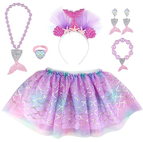 Hifot meerjungfrau Tüllrock mädchen mit Haarreifen Halskette Armband Ohrringe Ring schmuck Set, tütü Kinder Tanzrock Ballettrock Glitter Tutu Rock Prinzessin
