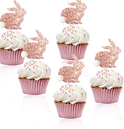 Pack of 12 Easter Cupcake Toppers Rose Gold Rabbit Toppers Easter Party Decoration Happy Easter Cake Decoration Rose Gold Easter Cake Decorations