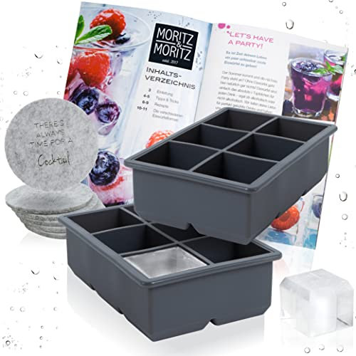 Moritz & Moritz 2x Eiswürfelform Eckig – Große Eiswürfelform Silikon für 12 Eiswürfel in Würfelform – Inkl. 6 Filz–Untersetzer & Rezeptheft