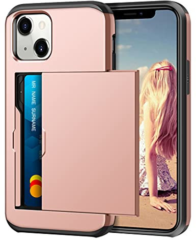 Coolden for iPhone 13 Case with Card Holder Armor Shockproof Heavy Duty Protective Case Hard PC Back Soft TPU Bumper Card Slot Wallet Case Cover for iPhone 13 Phone Case (Rose Gold)