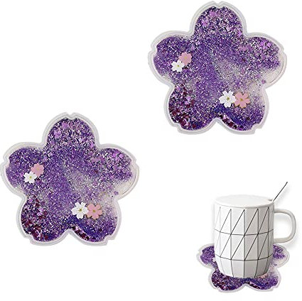 ZUYYON 2 Pack Sakura Treibsand Untersetzer, Rosa, Violett, Acryl, Flower, rutschfeste Silikon-Tassenmatten, Kaffee-Untersetzer, Isolierung, Zuhause oder Büro Tischdekoration