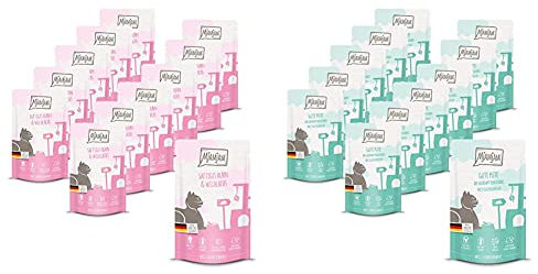 MjAMjAM - Premium Nassfutter für Katzen - saftiges Huhn und wildlachs, 12er Pack (12 x 125 g) & Premium Nassfutter für Katzen - Quetschie - Gute Pute an gedämpftem Kürbis, 12er Pack (12 x 125 g)